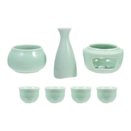 1Set Durable Green Ceramic Sake Serving Cups with Warmer for Home Bars