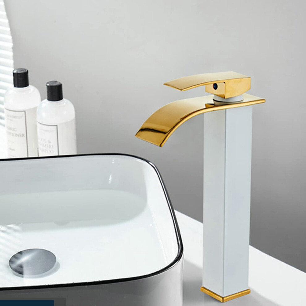 Basin Mixer Tap Waterfall, Stainless Steel Lavatory Faucet With Waterfall Spout, Single Handle Hot And Cold, White Gold 9354506865023