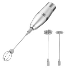 handheld stainless steel electric milk frother with 3 whisk heads