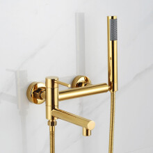 Bath Shower Mixer Tap Wall Mounted Gold Finish 90-Degree Swivel, Single Lever Bath Tap With Shower Head And Hose