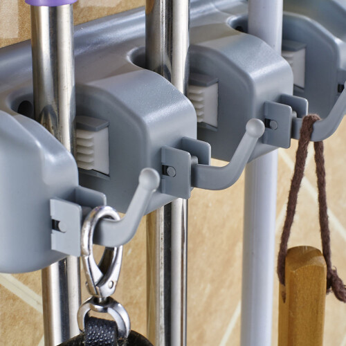 Wall Mounted Mop Broom Holder 3 Position 4 Hooks Storage 1