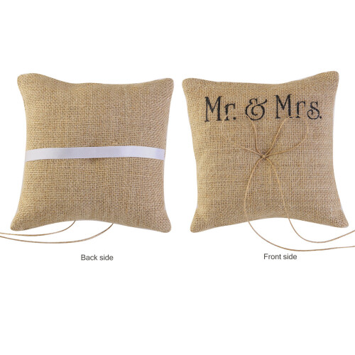Mr & Mrs Jute Wedding Ring Pillow 2