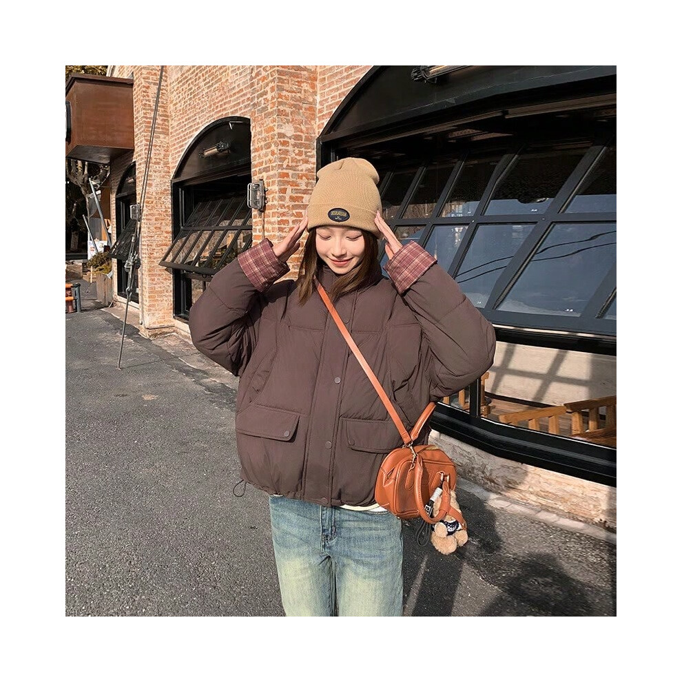 (åå¡, L) 2025 Splicing Contrast Plaid Women's Short Down Cotton Jacket Stand Collar Winter Jacket-image-OPC-PKPF5P2-NEW