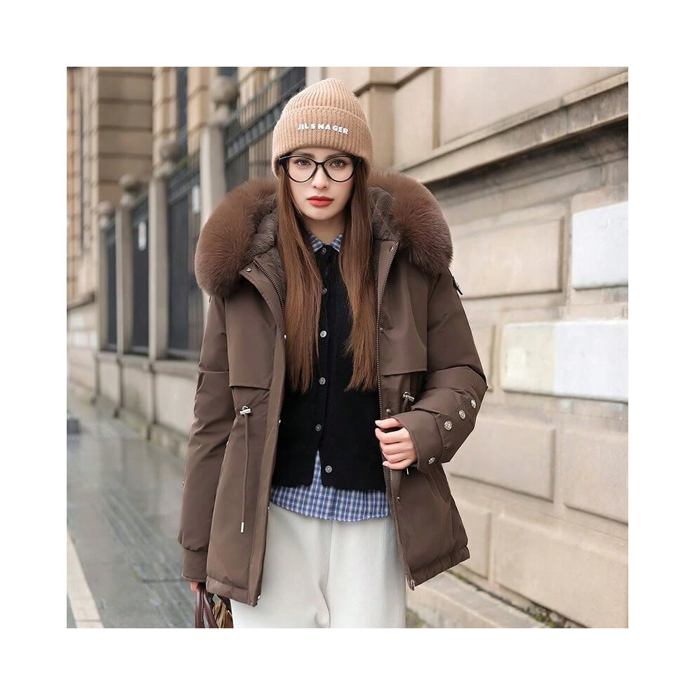 (咖啡, XL) Thickened fleece parka for women mid-length 2025 winter jacket