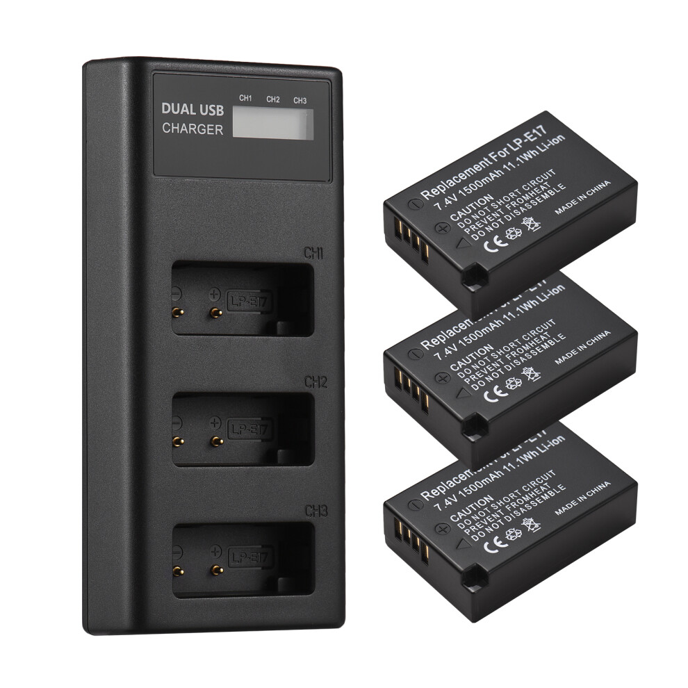 3-Slot Lp-E17 Battery Charger With Led + 3 Batteries 7.4V 1500Mah 8441351543839