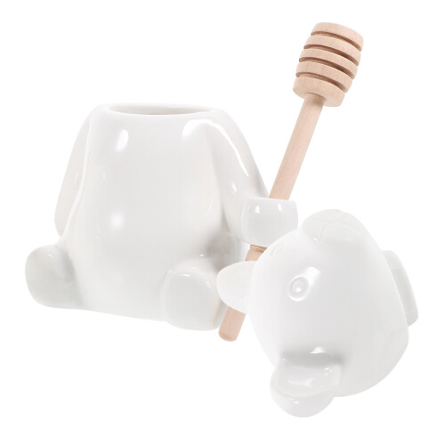 ceramic bear honey jar with wood dipper stick storage container