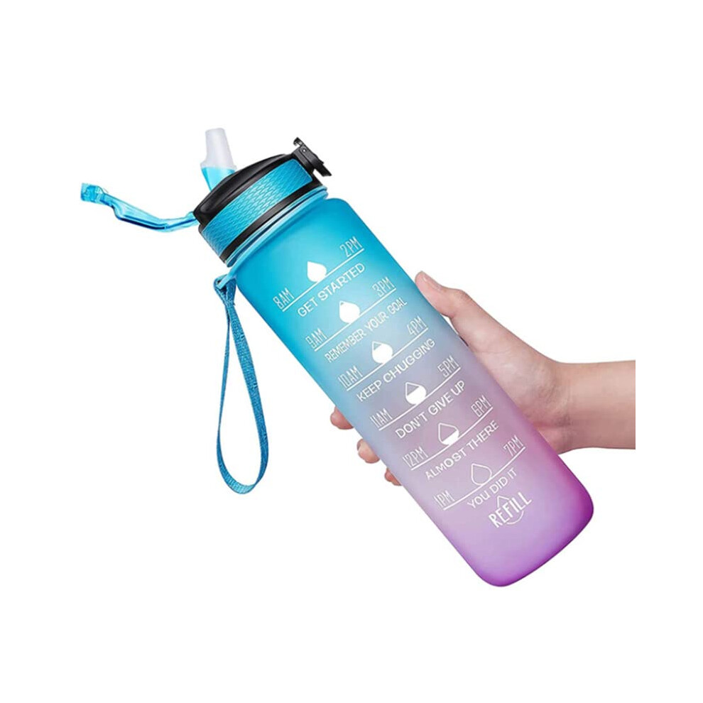 Blue/Pink Water Bottle With Straw 32 Oz Time Marker Leakproof Bpa Free - For Fitness Gym Outdoor Sports