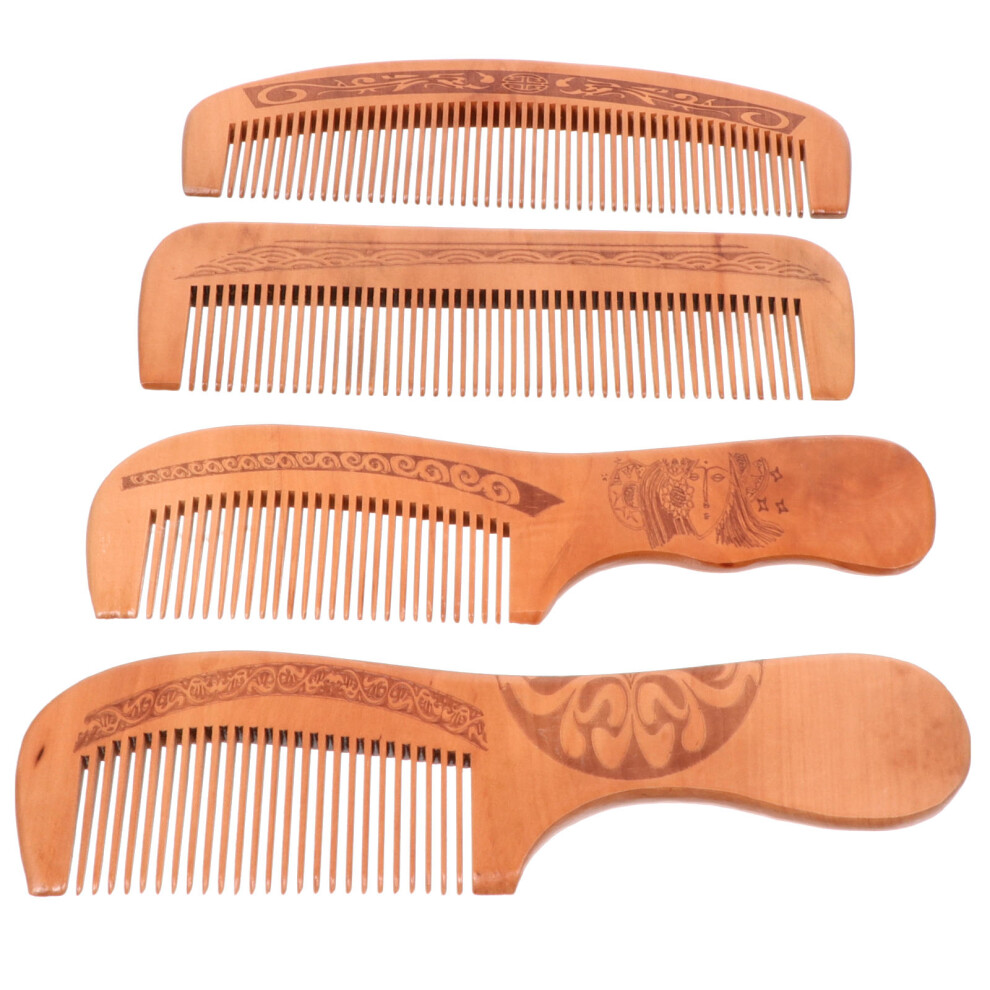 Villcase Unisex Peach 4Pcs Wood Fine Teeth Massage Comb For Hair Styling