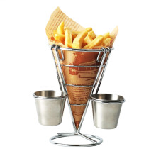 French Fry Cone Holder Stainless Steel With 2 Sauce Cups Food Service Display Stand For Car Fried Chicken Display Rack