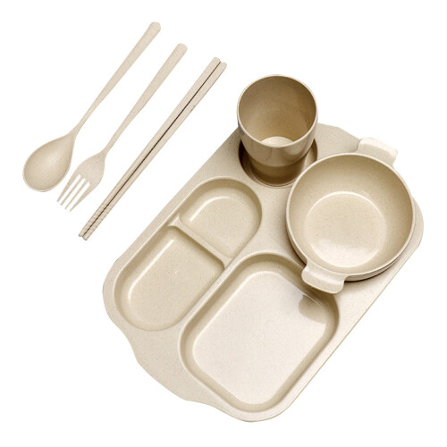 6pcs straw tableware set for kids with plate bowl cup utensils yellow 1