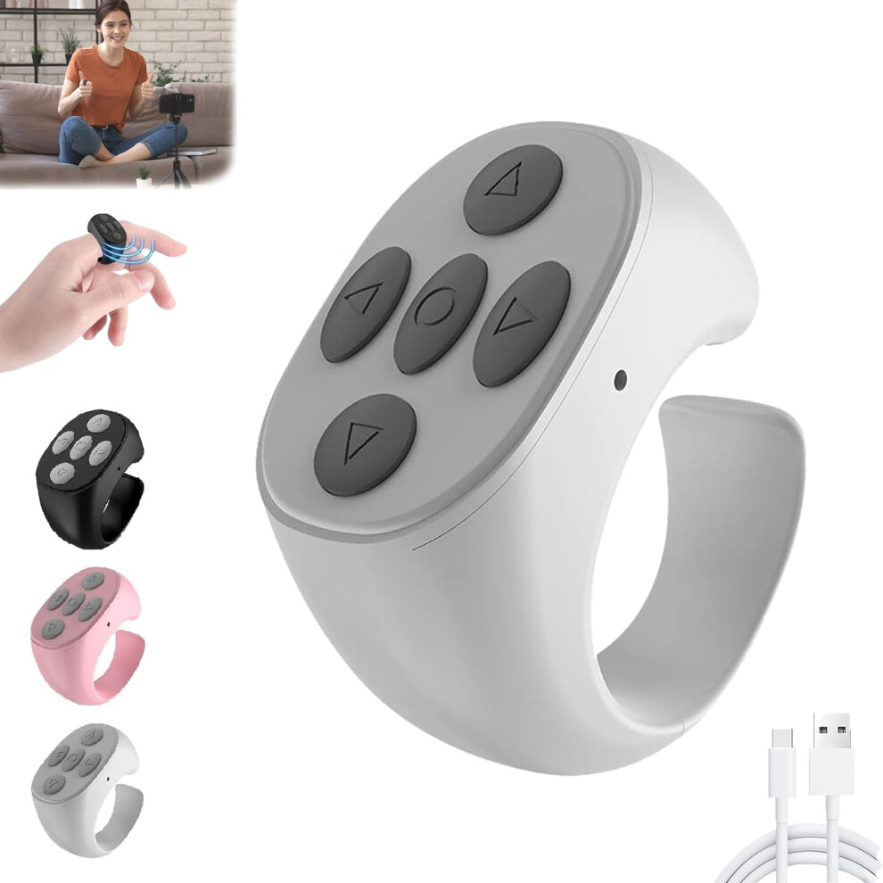 Fingertip Wireless Bluetooth Remote Control For Ios/Android, Rechargeable Camera Remote Scroll Ring, Page Turner, White 9084446050479