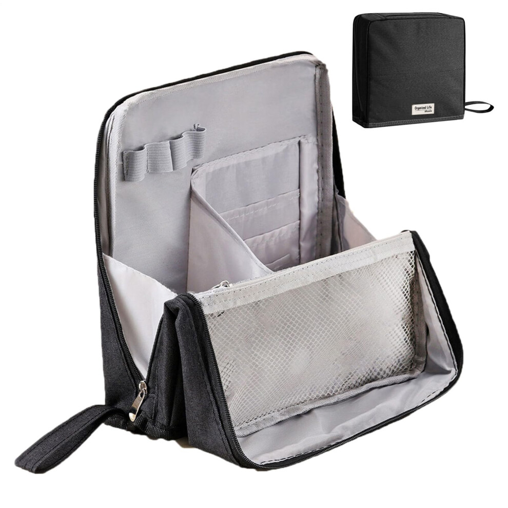 Black Standing Makeup Bag Portable Pouch Waterproof Case Organizer With Multiple Compartments For Cosmetic Mirror