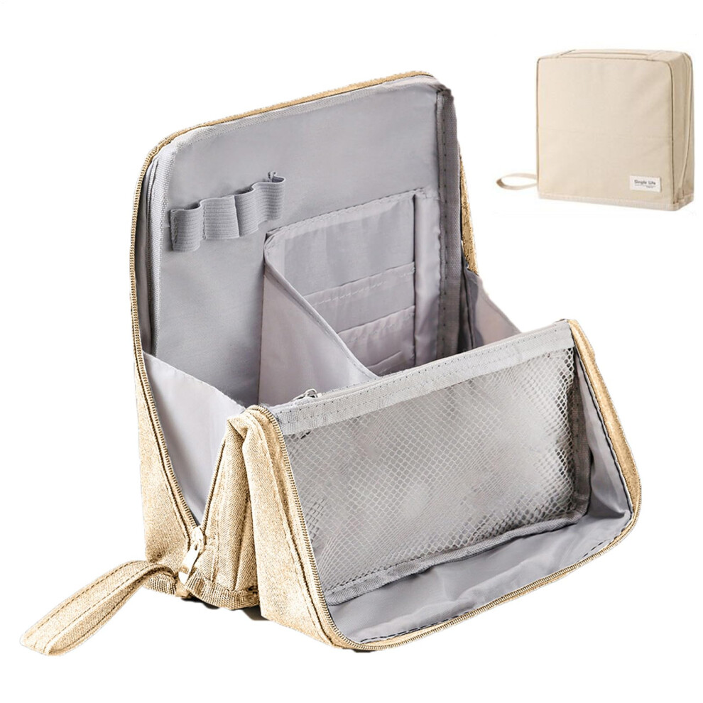 Stand Up Makeup Bag Travel Cosmetic Case With Divider Waterproof Standing Pencil Pouch Cream Colored