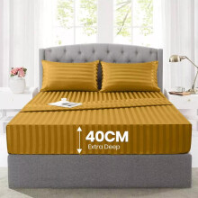 (OCHRE, Super King) Stripe Fitted Sheet 40cm Extra Deep Pocket – Soft Microfiber Stripe Fitted Sheet Only, Snug Fit for Thick Mattresses. Available in Single,