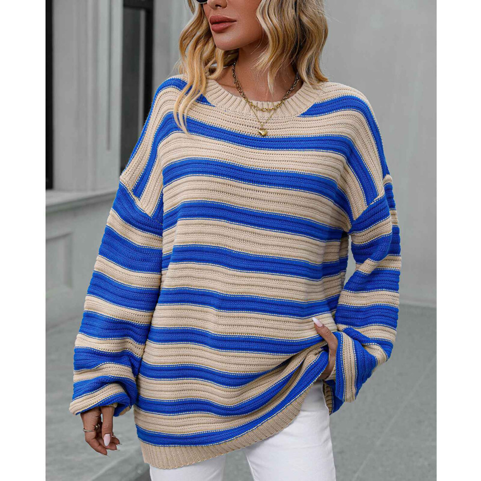 Women's Apricot Striped Round Neck Sweater Pullover XL, Loose Fit-image-OPC-PKPW2B5-NEW