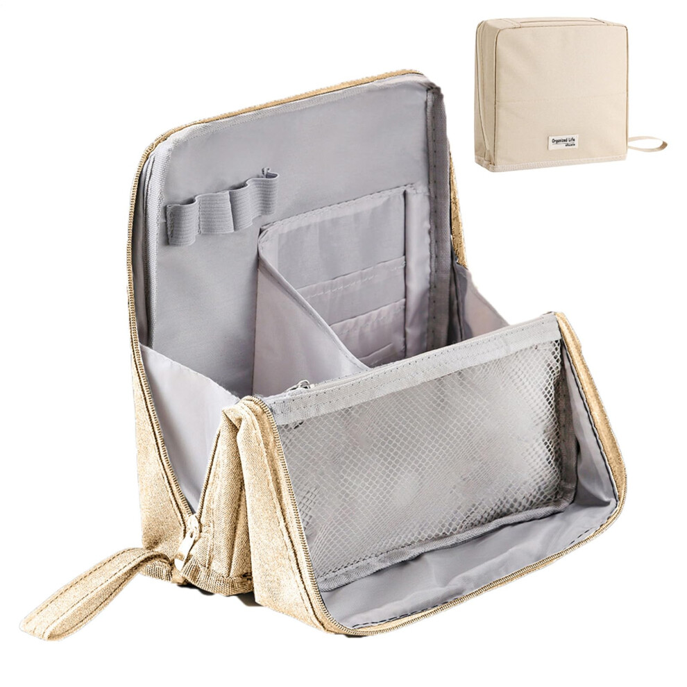 Standing Makeup Bag Waterproof Makeup Organizer Portable Mirror Storage Cream Color Multi-Compartment Cosmetic Bag