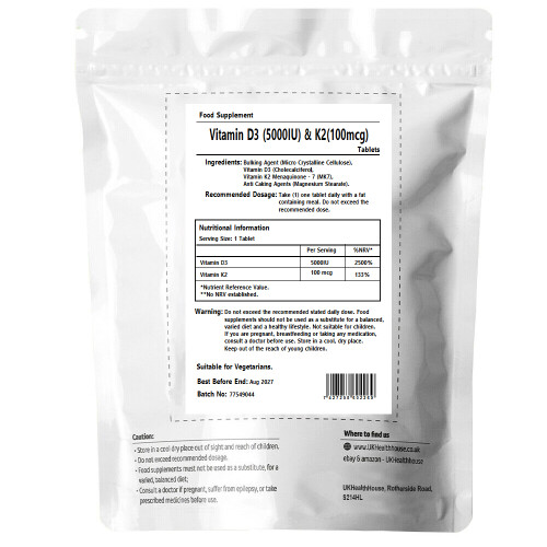Vitamin D3 5000IU & K2 100mcg - 30 Tablets Cholecalciferol MK-7 Bone 1