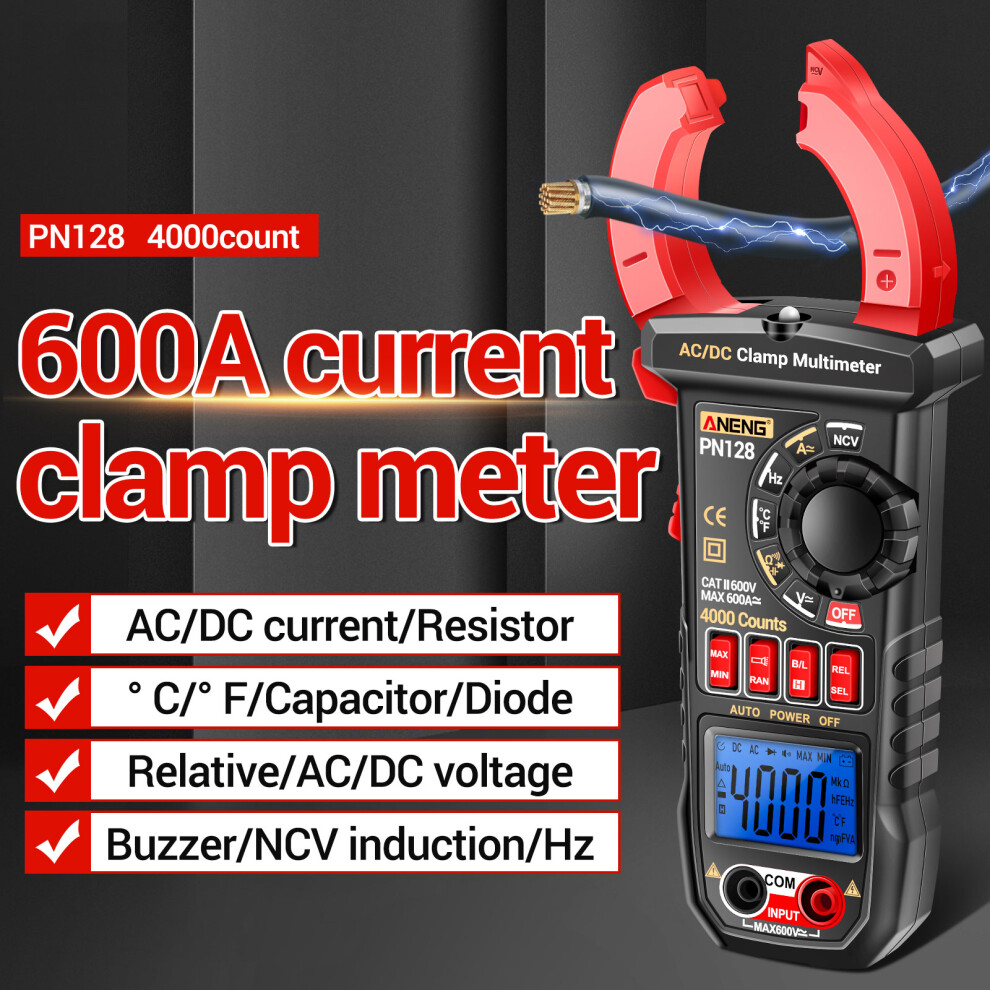 Aneng Pn128 Clamp Meter 600A Ac/Dc True Rms 4000 Counts Compact Digital Multimeter 8161351572096