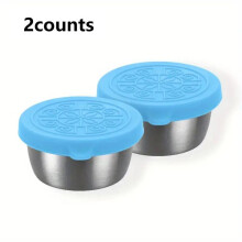 (Blue-2 Counts, one-size) 1.6oz Salad Dressing Container, 2/6 Counts Mini Colorful Reusable Stainless Steel Sauce Container with Silicone Lid, Portable Seasoning Cup