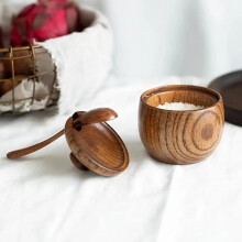 (Brown, one-size) Wooden Seasoning Box with Lid & Spoon, Creative Salt Jar, Kitchen Utensils & Gadgets