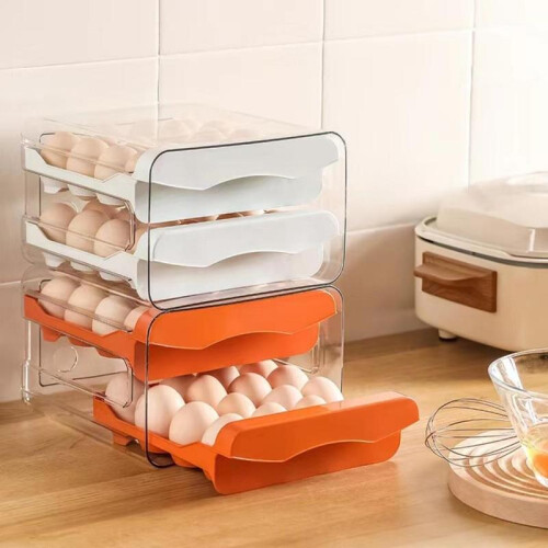 (White, one-size) Room Accessory Refrigerator Egg Box, 1 Count Room Organizer 2-layers Egg Holder, Kitchen Accessories 32-grids Plastic Egg Organizer Tray, 2