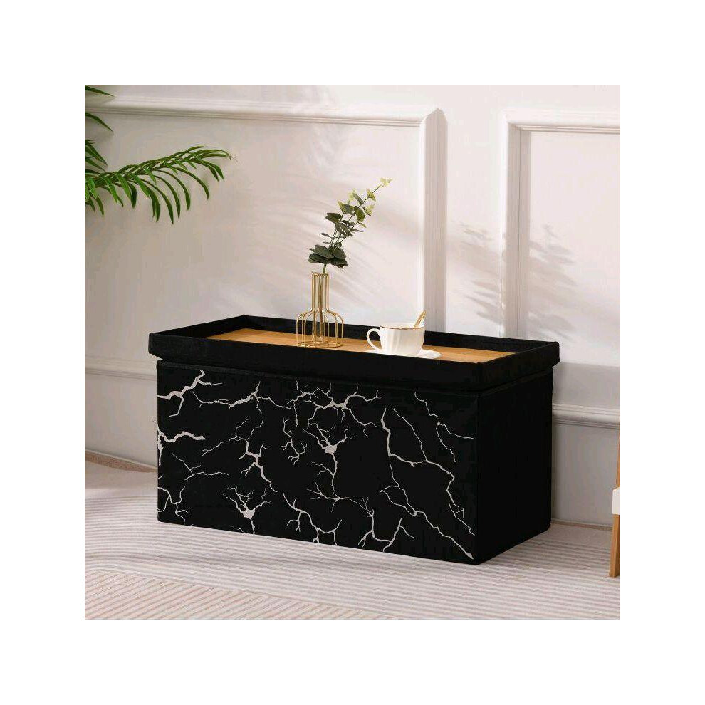 (2STR Black-Silver Marble Ottoman) 2-in-1 Velvet Ottoman Storage Bench - Foldable 2-Seater with Storage Coffee Table Use & Marble Effect Living Room F-image-OPC-PKPY9DK-NEW