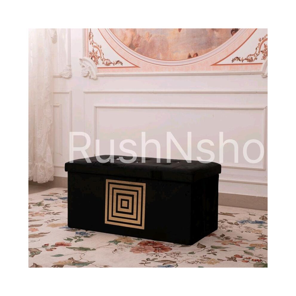 (Black, 1STR Small) Premium Lush Velvet Two-Seater Ottoman with Greek Geometric Circle and Square Pattern Stylish Storage Bench Gift Organiser Decor O-image-OPC-PKPYPD6-NEW