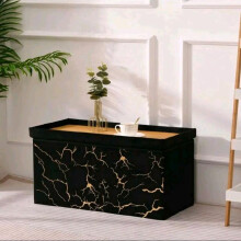 (Black-Gold, 1STR Small) Premium Lush Velvet Two-Seater Ottoman with Greek Geometric Circle and Square Pattern Stylish Storage Bench Gift Organiser Decor Ornaments B