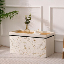 (Cream-Gold, 2STR Large) Premium Lush Velvet Two-Seater Ottoman with Greek Geometric Circle and Square Pattern Stylish Storage Bench Gift Organiser Decor Ornaments B
