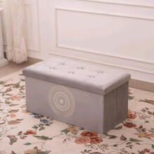 (Silver, 1STR Small) Premium Lush Velvet Two-Seater Ottoman with Greek Geometric Circle and Square Pattern Stylish Storage Bench Gift Organiser Decor Ornaments B