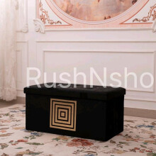 (Black, 2STR Large) Premium Lush Velvet Two-Seater Ottoman with Greek Geometric Circle and Square Pattern Stylish Storage Bench Gift Organiser Decor Ornaments B