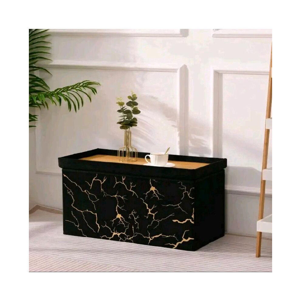 (Black-Gold, 2STR Large) Premium Lush Velvet Two-Seater Ottoman with Greek Geometric Circle and Square Pattern Stylish Storage Bench Gift Organiser De-image-OPC-PKPYPDN-NEW