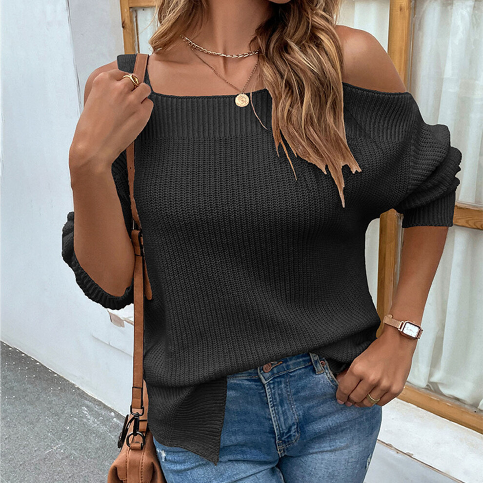 Women's Black Cold Shoulder Knit Sweater L, Long Sleeve, Loose Fit-image-OPC-PKPYPV6-NEW