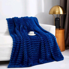(Blue, Double 150×200cm) Super Soft Faux Fur Ribbed Fleece Throw Blanket – Winter Warm Double/King Size, Ideal for Bed, Sofa, or Chair couch