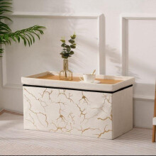 (Cream Gold) Rehmat Collection 2 Seater Velvet Ottoman Storage Cube Toy Box Chest and coffee table With Marble work - Foldable/Collapsable Organiser Coll