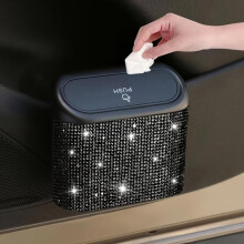 (Black, 1pc) Artificial Rhinestone Decor Car Trash Can, Car Interior Hanging Storage Bin with Automatic Lid, Multifunctional Car Accessories, Automotive