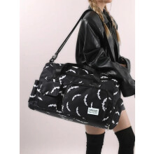 (Black And White, one-size) Unisex Bat Pattern Multifunctional Travel Bag, 2025 Halloween Large Capacity Duffel Bag with Wet Bag Shoe Compartment, Lightweight Carry-On