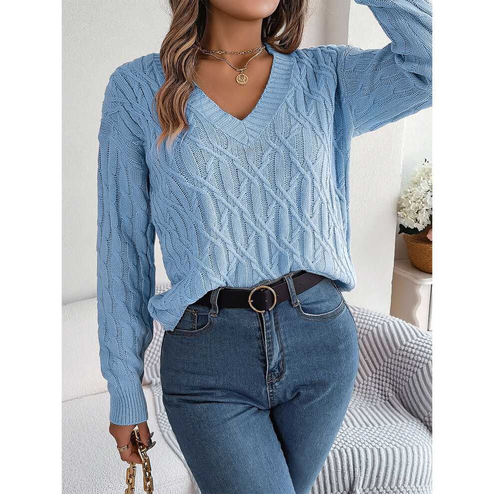 Women V Neck Cable Knit Sweater Long Sleeve Casual Blue M-image-OPC-PKQ88K7-NEW