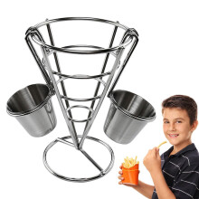 Plating French Fries Stand Metal Wire Cone Snack Display Rack For Fries With Sauce Cups Buffet Cone Snacks Display