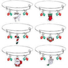 Women's Christmas Bracelets, 6 Cute Red and Green Bracelets, Charm Bracelets Adjustable