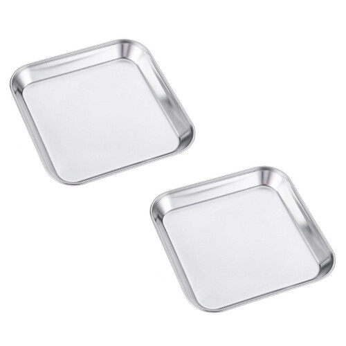 2pcs stainless steel square storage dessert plates silver