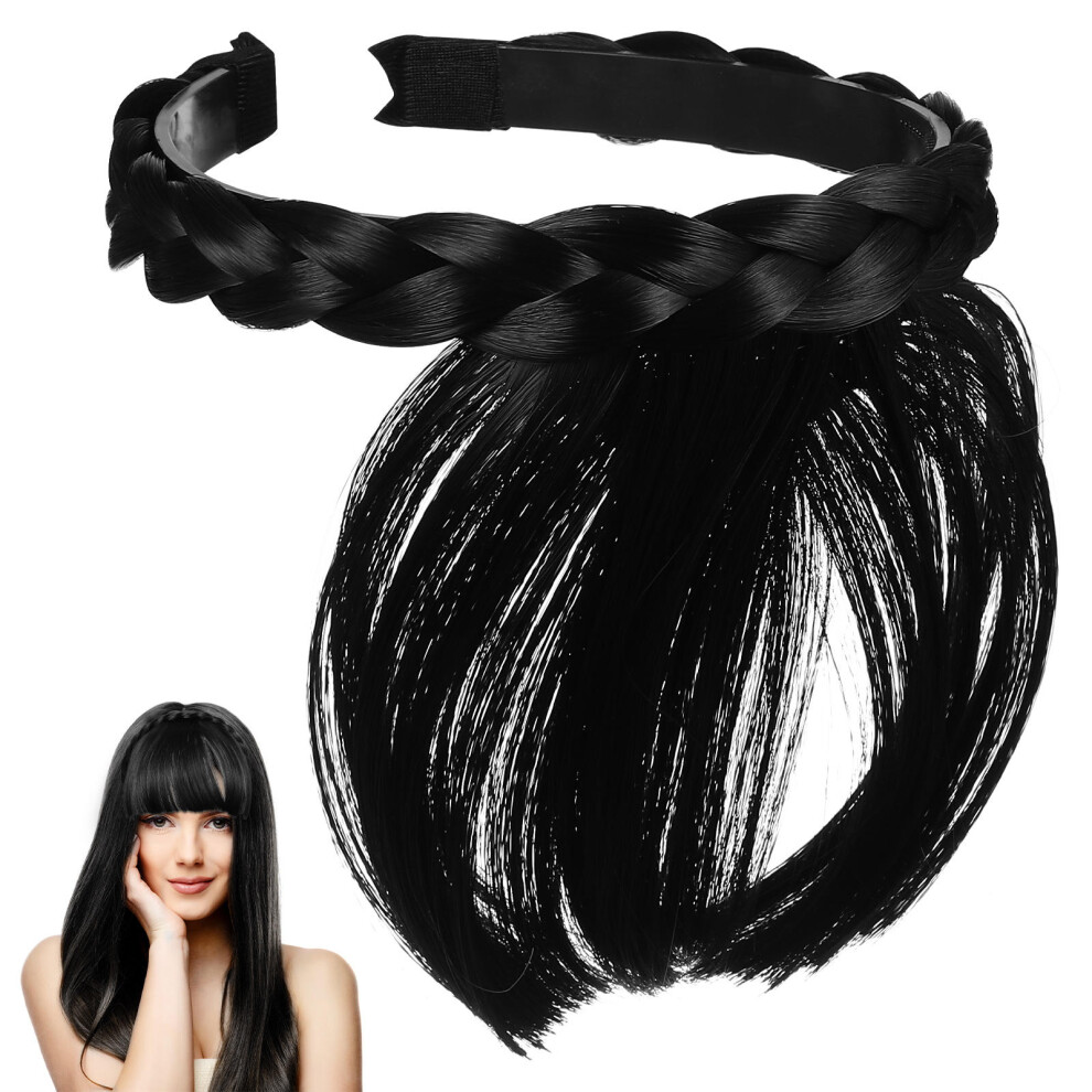 Ohphcall Unisex Brown Synthetic Wig Headband With Bangs Extension For Women Girls Dark
