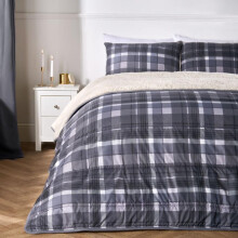 (Check Sherpa Reverse Grey, Double) OHS Coverless Quilted Duvet with Pillowcase Set Soft Fleece Teddy Sherpa Cable Knit 7.5/10.5 TOG All Year Round Summer Winter Camping