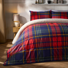 (Check Sherpa Reverse Red/Navy, Single) OHS Coverless Quilted Duvet with Pillowcase Set Soft Fleece Teddy Sherpa Cable Knit 7.5/10.5 TOG All Year Round Summer Winter Camping