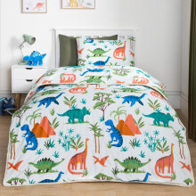 (Dino Green, Single) OHS Coverless Quilted Duvet with Pillowcase Set Soft Fleece Teddy Sherpa Cable Knit 7.5/10.5 TOG All Year Round Summer Winter Camping