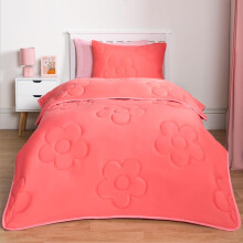 (Daisy Coral Pink, Double) OHS Coverless Quilted Duvet with Pillowcase Set Soft Fleece Teddy Sherpa Cable Knit 7.5/10.5 TOG All Year Round Summer Winter Camping