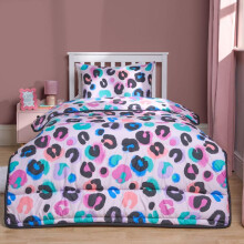 (Leopard Pink, Single) OHS Coverless Quilted Duvet with Pillowcase Set Soft Fleece Teddy Sherpa Cable Knit 7.5/10.5 TOG All Year Round Summer Winter Camping