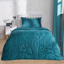 (Gaming Teal, Double) OHS Coverless Quilted Duvet with Pillowcase Set Soft Fleece Teddy Sherpa Cable Knit 7.5/10.5 TOG All Year Round Summer Winter Camping