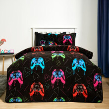 (Teddy Black Gaming, Single) OHS Coverless Quilted Duvet with Pillowcase Set Soft Fleece Teddy Sherpa Cable Knit 7.5/10.5 TOG All Year Round Summer Winter Camping