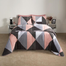 (Teddy Geo Blush Pink, Double) OHS Coverless Quilted Duvet with Pillowcase Set Soft Fleece Teddy Sherpa Cable Knit 7.5/10.5 TOG All Year Round Summer Winter Camping